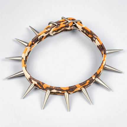 CK241LEOPARD  FUZZY LEOPARD PIN TALL SPIKE CHOKER HANDMADE IN USA