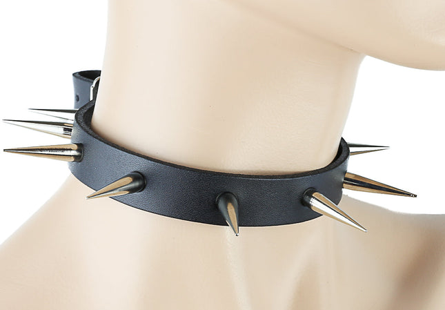 CK241 1" BLACK LEATHER CHOKER WITH ONE ROW SLIM