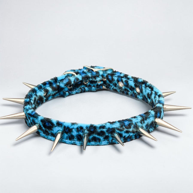 CK241LEOPARD  FUZZY LEOPARD PIN TALL SPIKE CHOKER HANDMADE IN USA