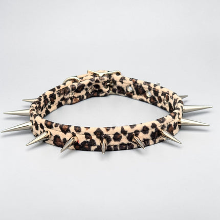 CK241LEOPARD  FUZZY LEOPARD PIN TALL SPIKE CHOKER HANDMADE IN USA