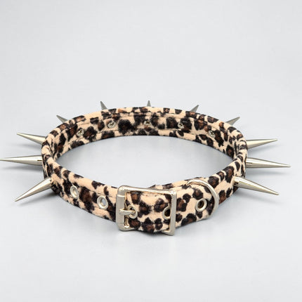CK241LEOPARD  FUZZY LEOPARD PIN TALL SPIKE CHOKER HANDMADE IN USA