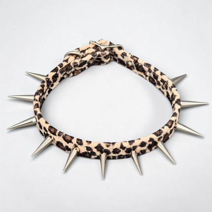 CK241LEOPARD  FUZZY LEOPARD PIN TALL SPIKE CHOKER HANDMADE IN USA
