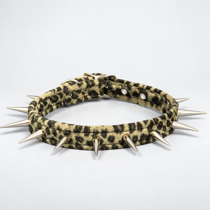 CK241LEOPARD  FUZZY LEOPARD PIN TALL SPIKE CHOKER HANDMADE IN USA