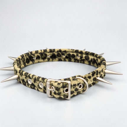 CK241LEOPARD  FUZZY LEOPARD PIN TALL SPIKE CHOKER HANDMADE IN USA