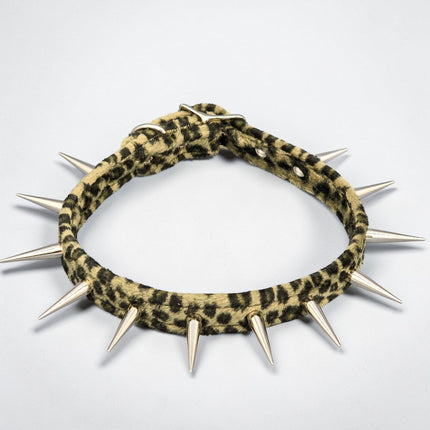 CK241LEOPARD  FUZZY LEOPARD PIN TALL SPIKE CHOKER HANDMADE IN USA