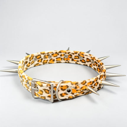 CK241LEOPARD  FUZZY LEOPARD PIN TALL SPIKE CHOKER HANDMADE IN USA