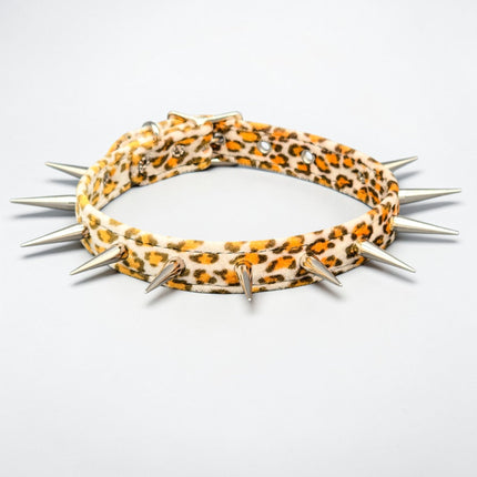 CK241LEOPARD  FUZZY LEOPARD PIN TALL SPIKE CHOKER HANDMADE IN USA