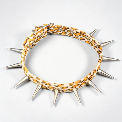 CK241LEOPARD  FUZZY LEOPARD PIN TALL SPIKE CHOKER HANDMADE IN USA