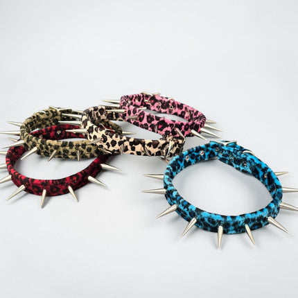 CK241LEOPARD  FUZZY LEOPARD PIN TALL SPIKE CHOKER HANDMADE IN USA