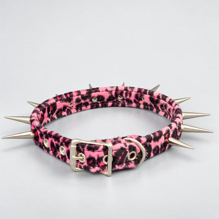 CK241LEOPARD  FUZZY LEOPARD PIN TALL SPIKE CHOKER HANDMADE IN USA