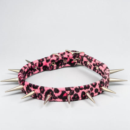 CK241LEOPARD  FUZZY LEOPARD PIN TALL SPIKE CHOKER HANDMADE IN USA