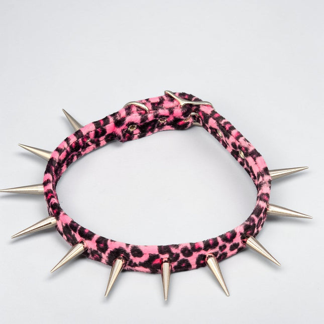CK241LEOPARD  FUZZY LEOPARD PIN TALL SPIKE CHOKER HANDMADE IN USA