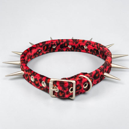 CK241LEOPARD  FUZZY LEOPARD PIN TALL SPIKE CHOKER HANDMADE IN USA