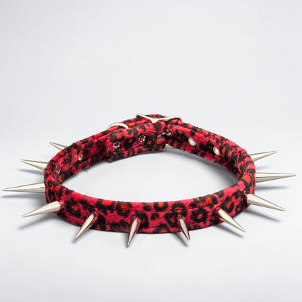 CK241LEOPARD  FUZZY LEOPARD PIN TALL SPIKE CHOKER HANDMADE IN USA