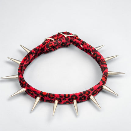 CK241LEOPARD  FUZZY LEOPARD PIN TALL SPIKE CHOKER HANDMADE IN USA