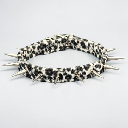 CK241LEOPARD  FUZZY LEOPARD PIN TALL SPIKE CHOKER HANDMADE IN USA