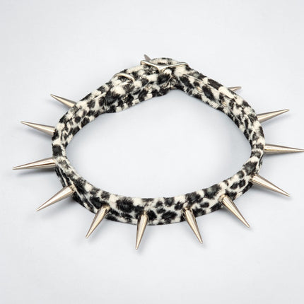 CK241LEOPARD  FUZZY LEOPARD PIN TALL SPIKE CHOKER HANDMADE IN USA