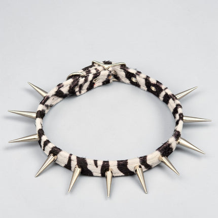 CK241LEOPARD  FUZZY LEOPARD PIN TALL SPIKE CHOKER HANDMADE IN USA