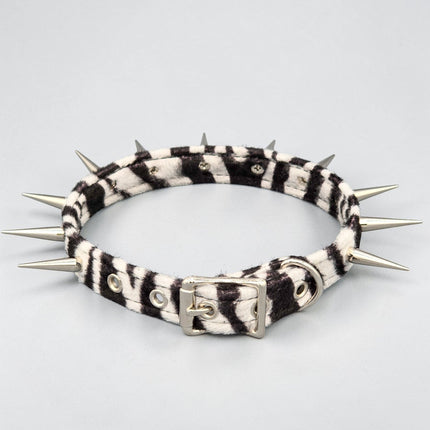 CK241LEOPARD  FUZZY LEOPARD PIN TALL SPIKE CHOKER HANDMADE IN USA