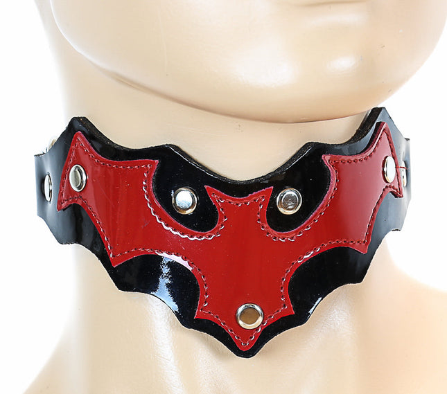 CK242BLK-RED PATENT LEATHER RED BAT PATCHED ON BLACK CHOKER