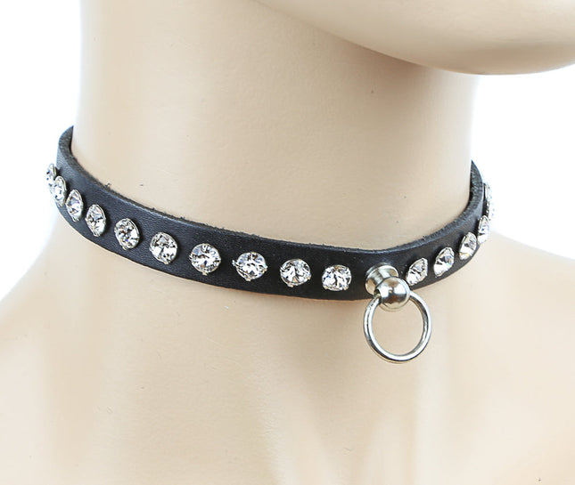 CK247R-P.BLK 1/2" BLACK LEATHER CHOKER WITH ONE ROW RHINESTONES