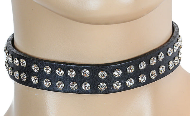 CK248 1/2" BLACK LEATHER CHOKER WITH TWO ROWS RHINESTONES