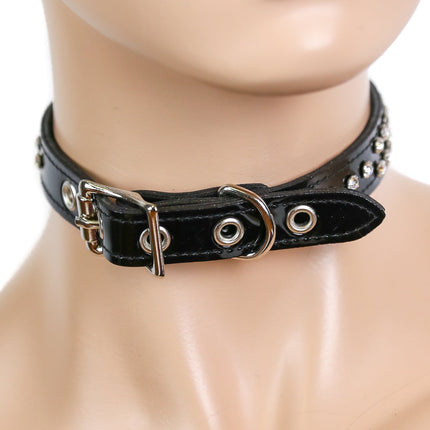 CK248R-P 1/2" LEATHER CHOKER WITH TWO ROWS RHINESTONES