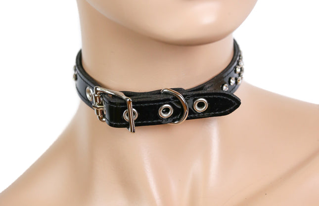 CK248R-P 1/2" LEATHER CHOKER WITH TWO ROWS RHINESTONES