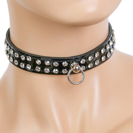 CK248R-P 1/2" LEATHER CHOKER WITH TWO ROWS RHINESTONES