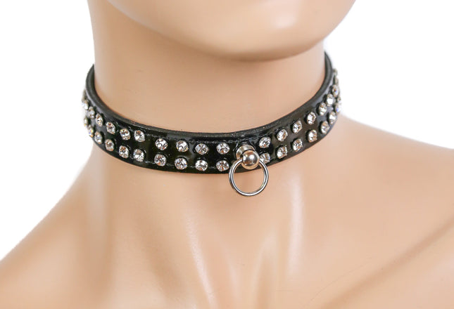 CK248R-P 1/2" LEATHER CHOKER WITH TWO ROWS RHINESTONES