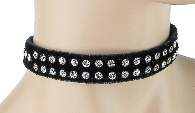 CK248VEL-BLK 1/2" BLACK VELVET CHOKER WITH TWO ROWS RHINESTONES