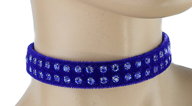 CK248VEL-BLU 1/2" BLUE VELVET CHOKER WITH TWO ROWS RHINESTONES