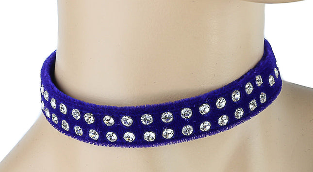 CK248VEL-BLU 1/2" BLUE VELVET CHOKER WITH TWO ROWS RHINESTONES