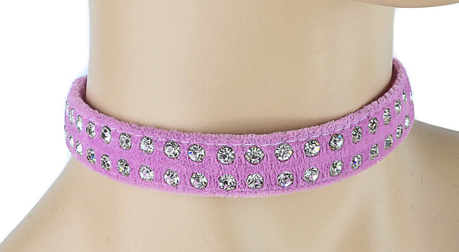 CK248VEL-PINK 1/2" PINK VELVET CHOKER WITH TWO ROWS RHINESTONES