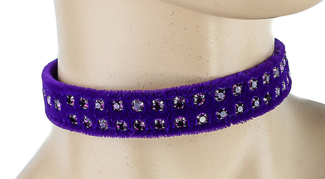 CK248VEL-PURPLE 1/2" PURPLE VELVET CHOKER WITH TWO ROWS RHINESTONES