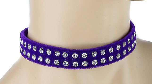 CK248VEL-PURPLE 1/2" PURPLE VELVET CHOKER WITH TWO ROWS RHINESTONES