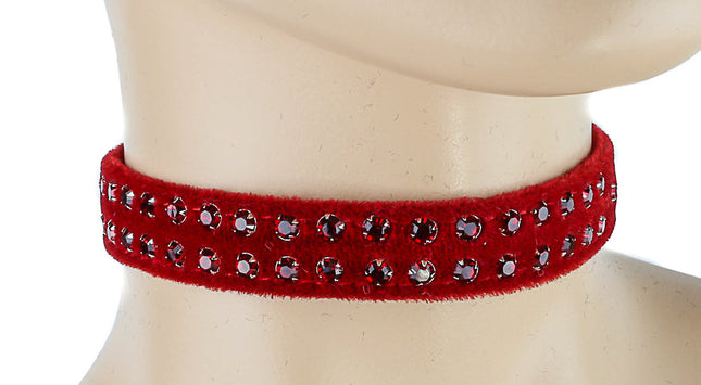 CK248VEL-RED 1/2" RED VELVET CHOKER WITH TWO ROWS RHINESTONES