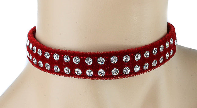 CK248VEL-RED 1/2" RED VELVET CHOKER WITH TWO ROWS RHINESTONES