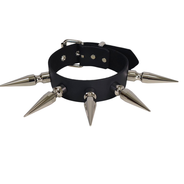 CK282  3" SPIKE 1 1/2" LEATHER COLLAR WITH 5PCS 3" LONG MASSIVE SPIKE