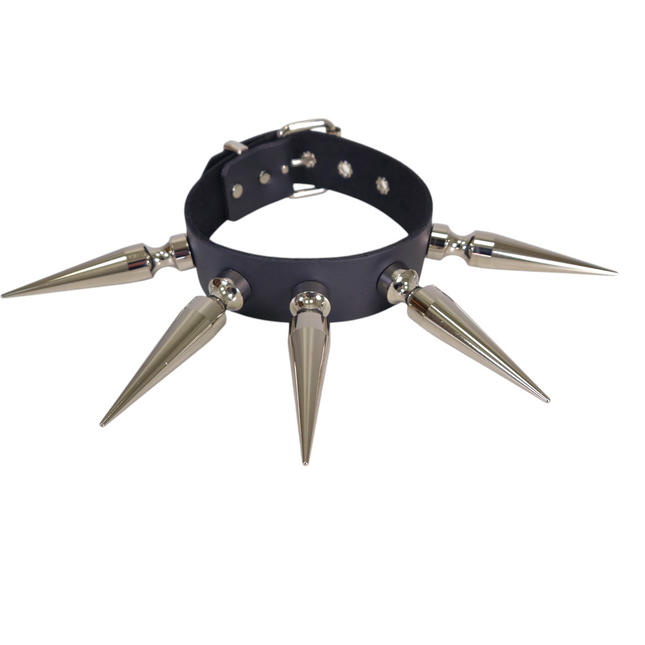 CK283  4" SPIKE L  1 1/2" LEATHER COLLAR WITH 5 PCS 4" LONG GIGANTIC SPIKE