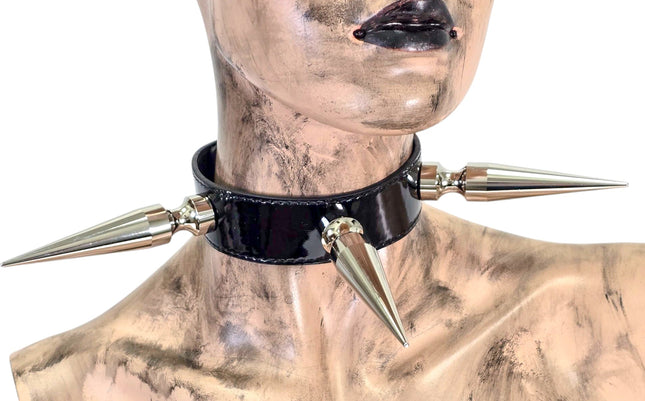 CK284P  PATENT NEON   4" SPIKE L LEATHER COLLAR WITH 3 PCS 4" GIGANTIC  SPIKE