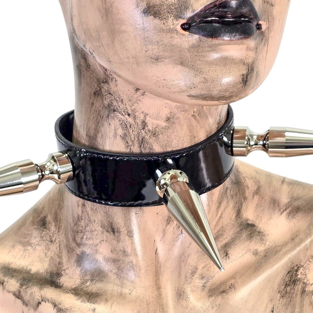 CK284P  PATENT NEON   4" SPIKE L LEATHER COLLAR WITH 3 PCS 4" GIGANTIC  SPIKE