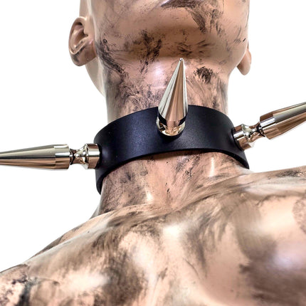 CK284  4" SPIKE L LEATHER COLLAR WITH 3 PCS 4" LONG GIGANTIC SPIKE