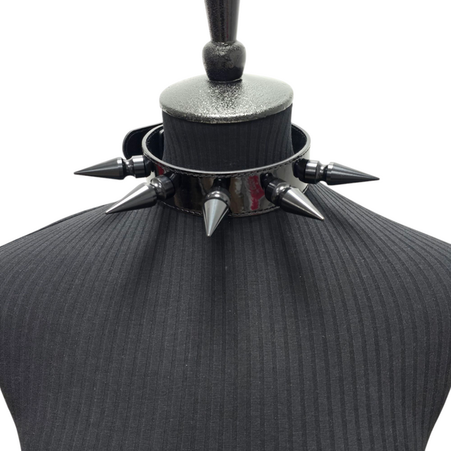 CK285P  PATENT NEON   2" SPIKE L LEATHER COLLAR WITH 5PCS 2" GIANT SPIKE
