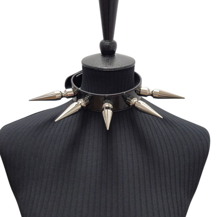 CK286P  PATENT NEON   3" SPIKE L LEATHER COLLAR WITH 5PCS 3" MASIVE SPIKE
