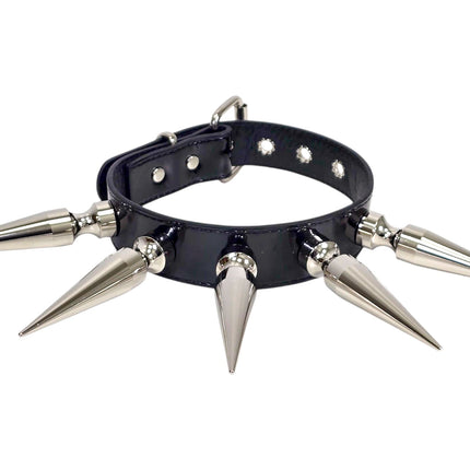 CK287P  PATENT NEON   4" SPIKE L LEATHER COLLAR WITH 5PCS 4" GIGANTIC  SPIKE