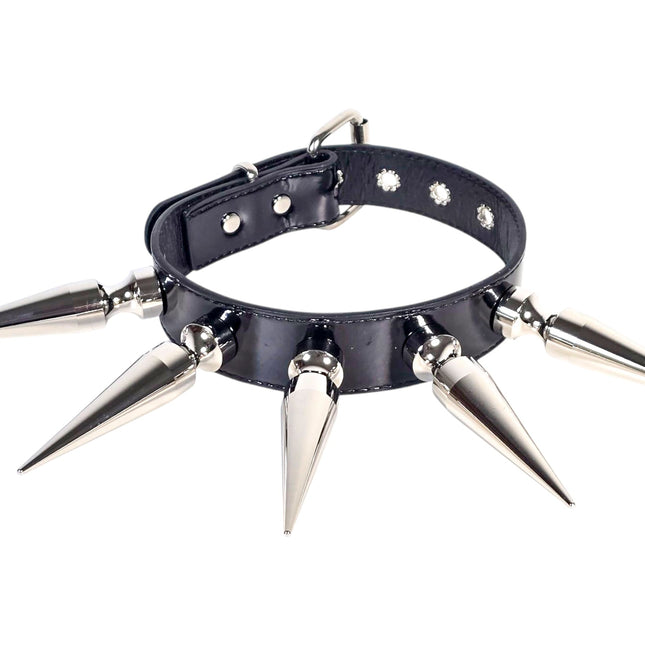 CK287P  PATENT NEON   4" SPIKE L LEATHER COLLAR WITH 5PCS 4" GIGANTIC  SPIKE