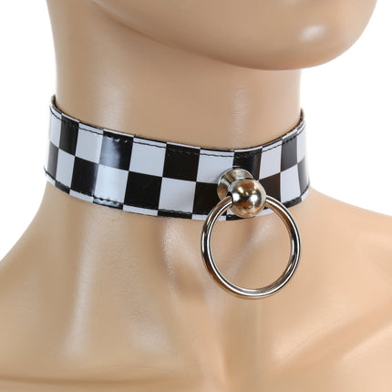 CK298CHK 1 1/8" CHECKERED LEATHER CHOKER WITH RING HOLDER
