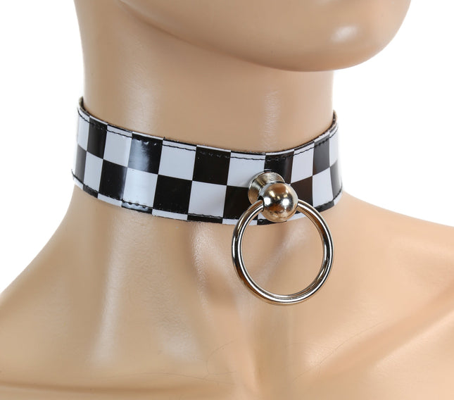 CK298CHK 1 1/8" CHECKERED LEATHER CHOKER WITH RING HOLDER