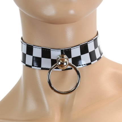 CK298CHK 1 1/8" CHECKERED LEATHER CHOKER WITH RING HOLDER